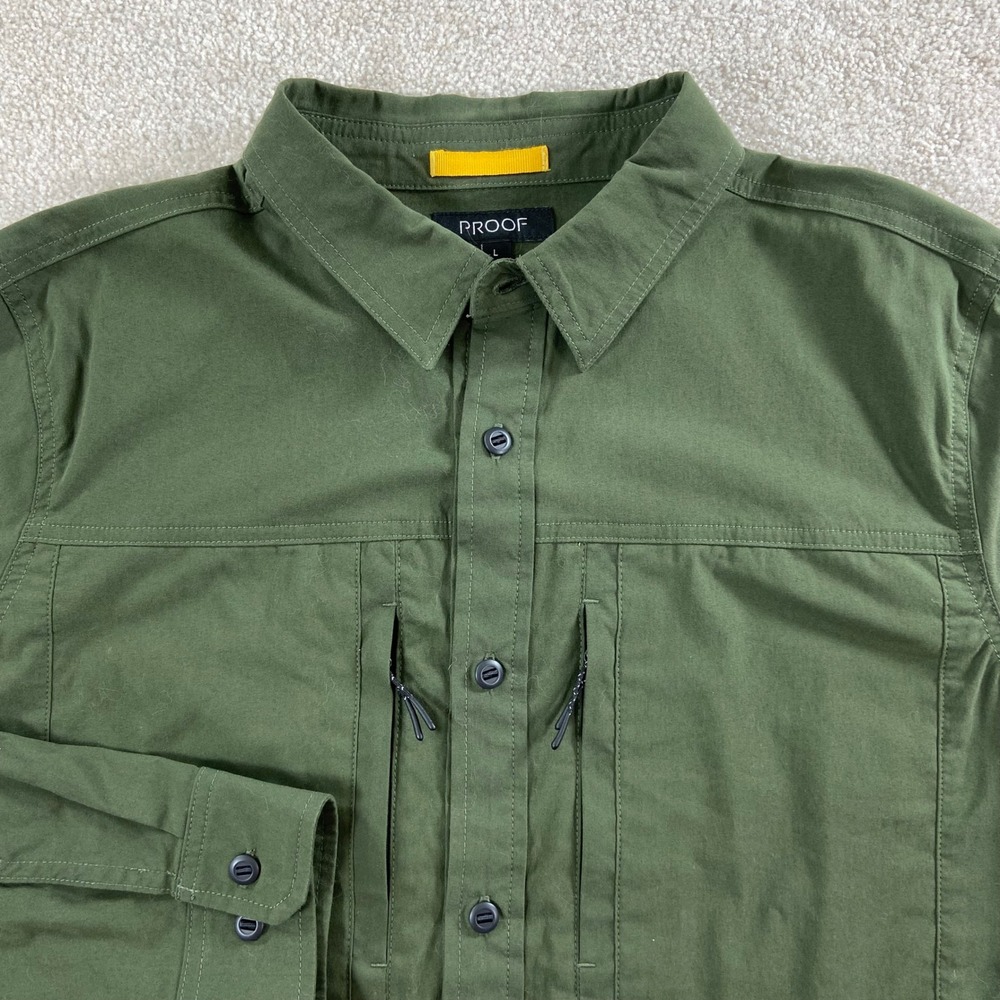 Proof Shirt Mens L Green Long Sleeve Technical Button Down Zip Pockets
